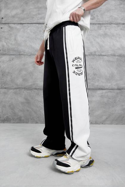 Men's Sweatpants Weirdx Written Black Oversize Baggy Loose Fit 3 Thread Without Threaded Stitching