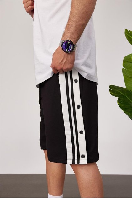 Men's Shorts with 2 Lines and Buttons, Black, Loose Fit, 2 Thread, Without Threaded Detail