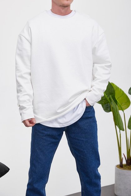 Men's Sweatshirt Dirty Collar White Oversize Crew Neck 3 Thread Without Ruffles
