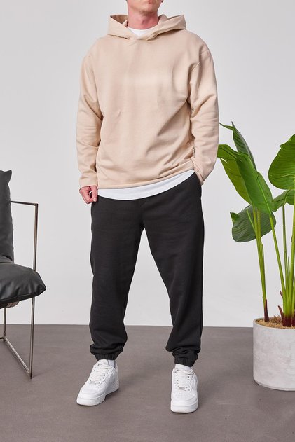 Erkek Sweatshirt Pis Etek Krem Oversize Kapüşonlu 3 İplik Şardonsuz