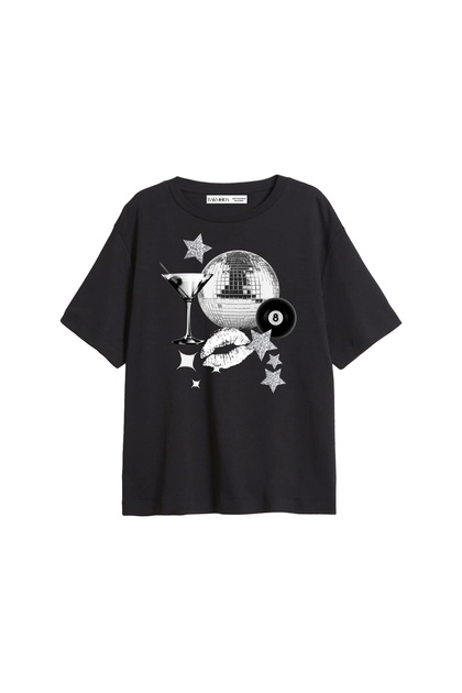 Martini Disco Printed Relaxed Fit Black Women's Tshirt