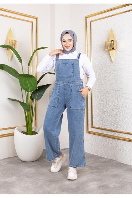 Women's Pocket Detailed Strap Blue Denim Jumpsuit