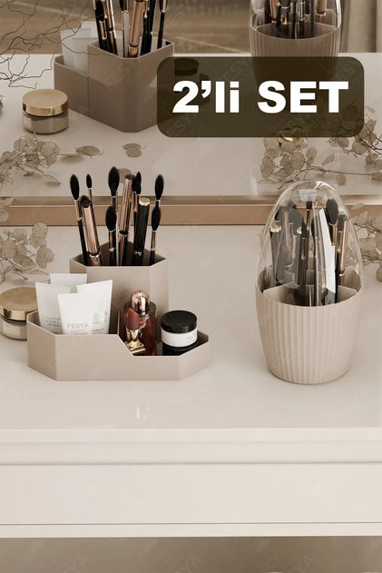 Vi̇alex-Fanus 7 Compartments and Triangle Makeup Organizer Set Table Top Organizer Organizer - Brown