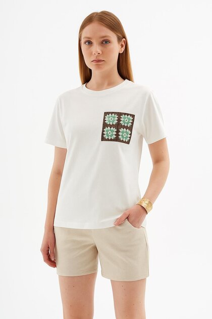 Crochet Pocket 100% Cotton Blouse White
