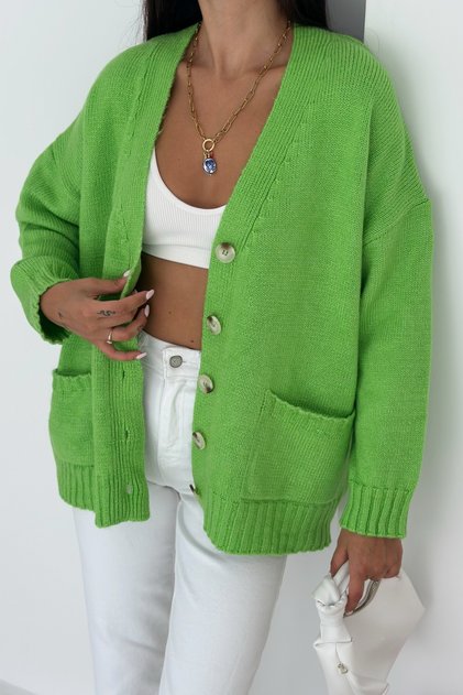Women's Green Wide Fit Standard Size Double Pocket Button Detailed Off Shoulder Oversize Knitwear Cardigan