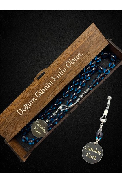 Capsule Cut Name Surname Detailed Silver Tasseled Petrol Blue Fire Amber Prayer Beads