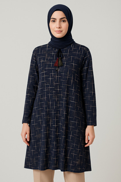 Women's Blue Plus Size Striped Patterned Glittery Drawstring Hijab Tunic