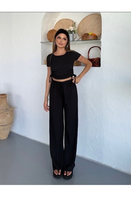 Women's Crop Textured Pants-Blouse Set with Side Ties
