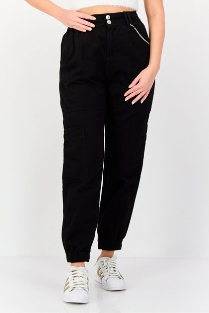 Women Regular Fit Solid Cargo Pants, Black