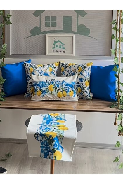 6-Piece-E756-E759-E123 Lemon Patterned Plain Combination Double-Sided Patterned Throw Pillow Cover and Runner Combination