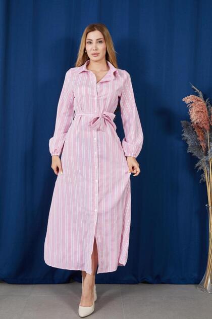 Women's Pink Striped Brode Detailed Long Sleeve Basic Shirt Dress with Elastic Sleeves