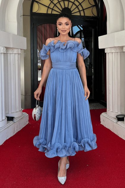 Chiffon Fabric Ruffle Detail Midi Dress - INDIGO BLUE