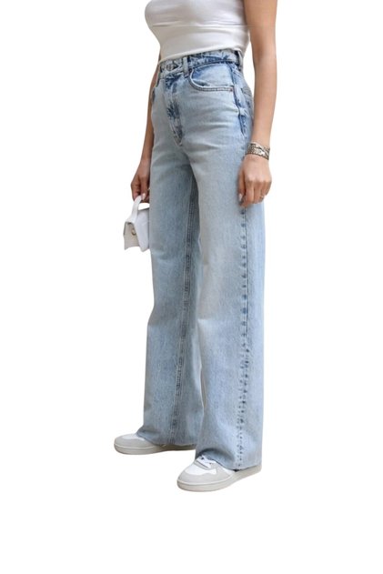 Young Girl's Blue Washed High Waist Lycra Loose Wide Leg Jeans