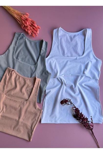Squella | 3-Piece Chest Double Layer White, Blue and Dusty Rose Cotton Square Collar Women's Tshirt-Undershirt Set