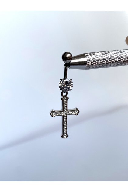 Çelik Haç Göbek Piercing Taşlı Model Gümüş Renk
