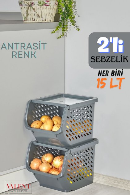 2'li Patates & Soğanlık, Kapaklı Katlı Sebzelik, Oyuncak Sepeti, Banyo Büyük Düzenleyici Antrasit