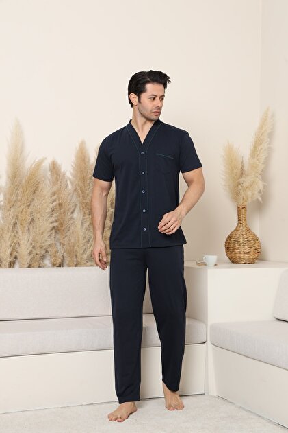 Short-Sleeved Piped, Full-Button Front Affordable Navy Blue Men's Pajama Set