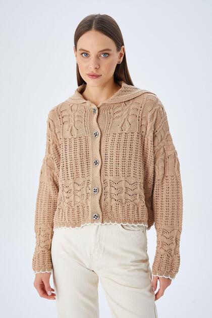 6861 Women's Openwork Hem Colored Knitwear Cardigan Mink