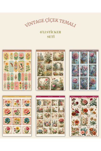 6’lı Vintage Çiçek Temalı Sticker Seti –12x17 cm| Bullet Journal, Scrapbook, Ajanda, Planlayıcı İçin