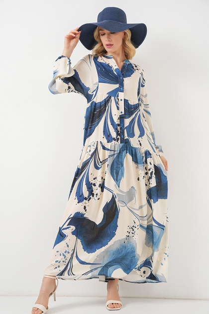 Women's Patterned Long Hijab Dress 2585 - Navy Blue