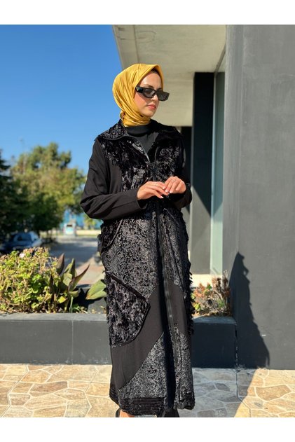 Velvet Patchwork Black Overcoat 36410