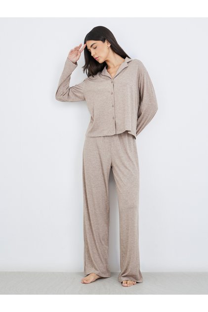 Women Beige Melange Shirt and Wide Leg Pyjama Set