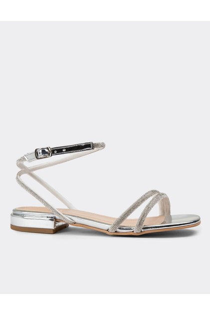 Kindep Stone Piping Detailed Low Heeled Women's Evening Dress Sandals Silver