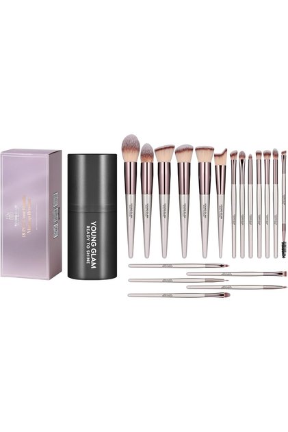 Essentials Makeup Brush Set 18 Pcs with Blending Eyeshadow Brushes, Powder Brushes, Pink