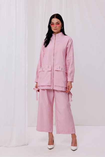 Women's Modal Fabric Stone Embroidered Double Pocket Coat 9260