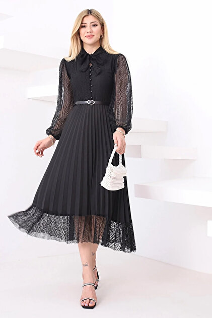 thezkscom Black Halter Lace Detail Pleated Evening Dress- Trendyol