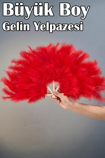 Büyük Boy Tüylü Kına Gecesi Gelin Yelpazesi (55x25 cm) - Kırmızı