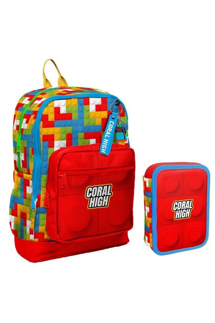 Red Building Blocks Boys School Bag and Organizer Pen Holder Set 23775 11157