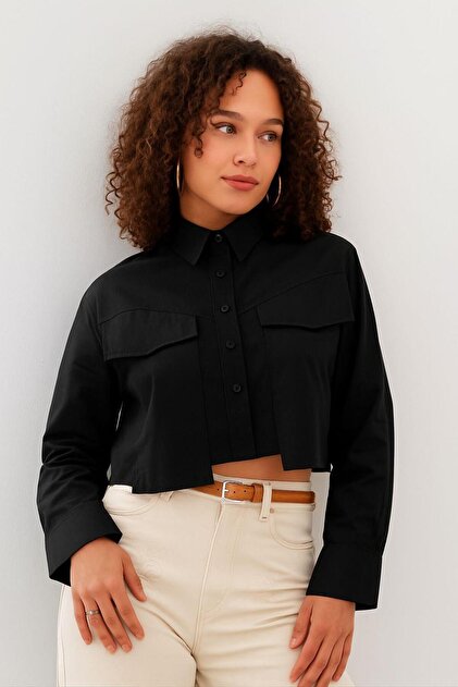 Black Double Pocket Crop Casual Relaxed Fit Cotton Women's Shirt