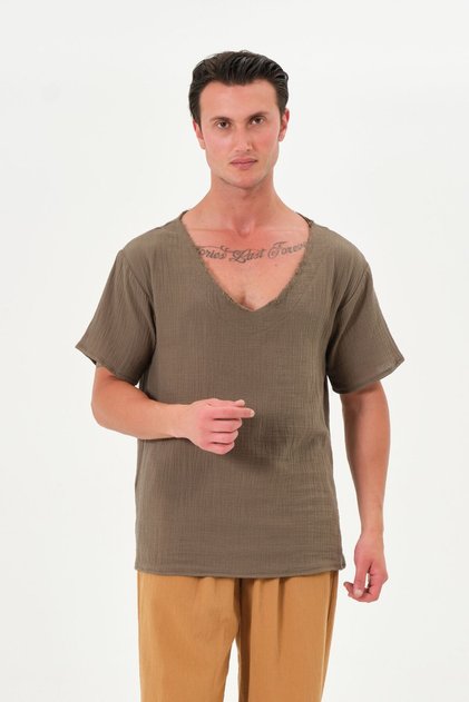 100% Cotton Comfortable Fit V-Neck Khaki Green Efil Efil Muslin T-Shirt
