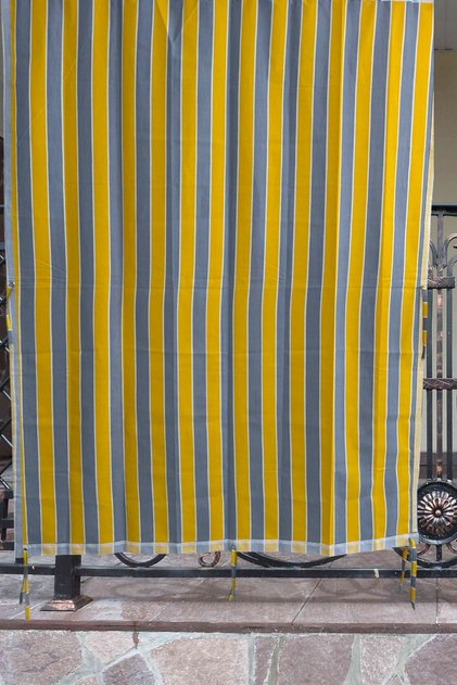 Yellow Gray Balcony Curtain, Arched Curtain, Balcony Curtain with Cornice Buttons and Bird's Eye Holes