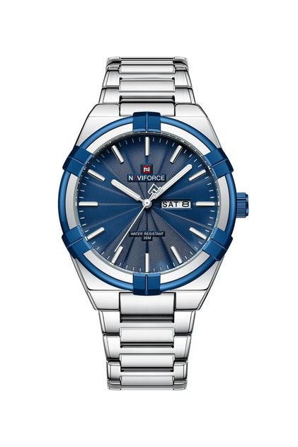 Men Stainless Steel Watch with Blue Dial Date Display and Water Resistance for Business