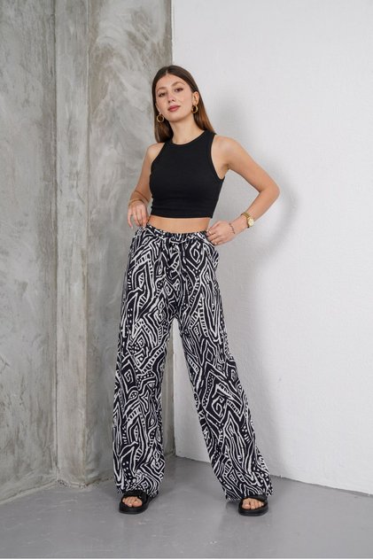 Women's Black Tie Detail Elastic Waist Relaxed Fit Palazzo Viscose Trousers