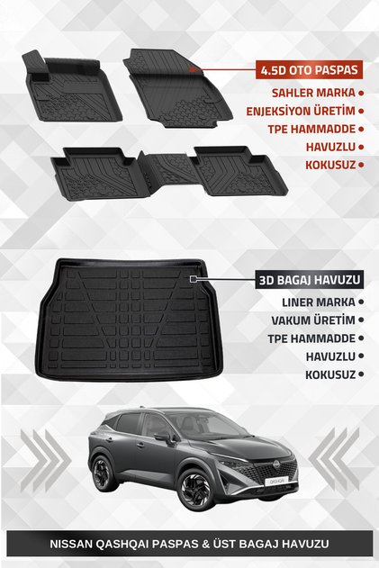 Sahler Qashqai 2022+ Benzinli Uyumlu 4.5D Premium Havuzlu Oto Paspas ve Marka 3D UST Bagaj Hav