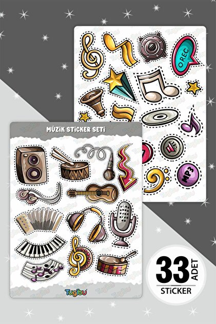 TUGİBU Müzik Sticker Seti, Enstrüman Temalı Sticker Seti, 33 Adet