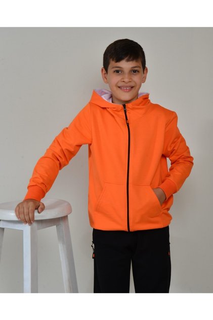 Unisex Çocuk Turuncu Fermuarlı Kapüşonlu 2 Ip Penye Hırka 4-mevsimlik
