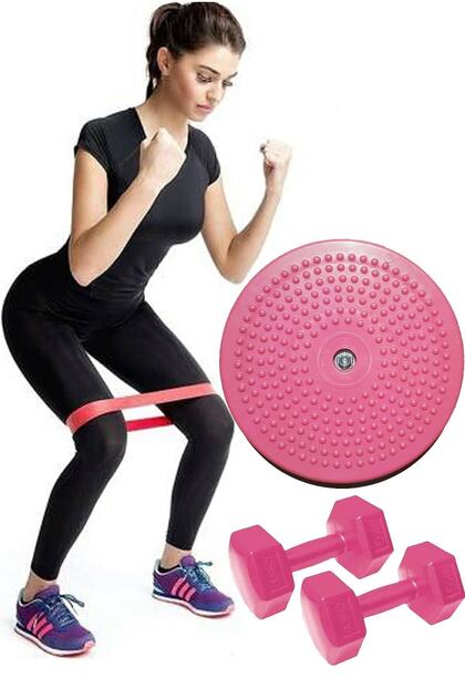 Twister Disk Bel Inceltici Dönen Disc + Squat Aerobik Pilates Bandı Lastiği + 1 Kg Dambıl Set