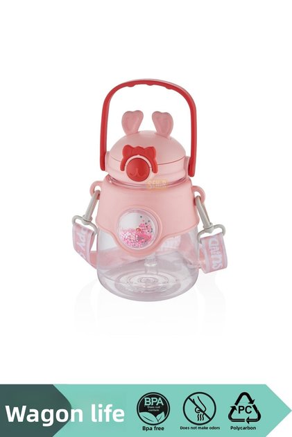 1250ml Large Size Decorative Water Bottle with Strap, Handle, Silicone Straw, and Ear-shaped Polycarbonate Design