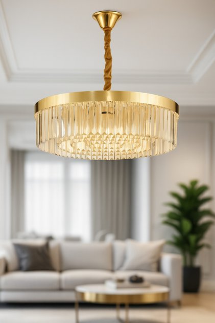 Desina 60 Cm'Lik Kristal Tabut Taşlı Salon Oturma Odası Lüks Avize - GOLD Kaplama