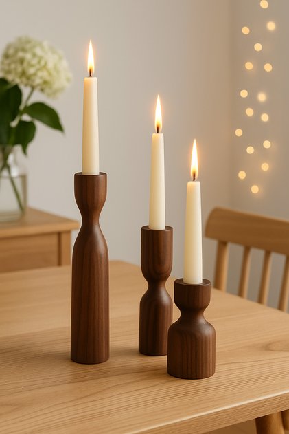 Doğal Ahşap İskandinav Kahve 3'lü Set 18-14-10 Cm Şamdan Rustik Modern Vintage