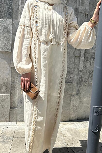 REVOLUTIONWEAR 100% Cotton Beige Dress with Seashell Detail- Trendyol REVOLUTIONWEAR 100% Cotton Beige Dress with Seashell Detail- Trendyol