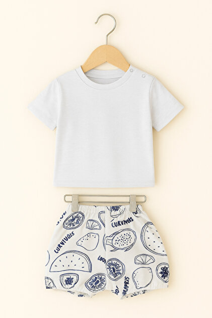 Baby Boy Lively and Cotton 2-Piece Suit. Cotton T-Shirt+ Pearl Muslin Linen Shorts