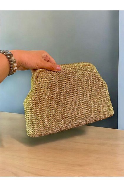 Kadın Handmade Gold Simli İp Örme Burslu Çanta