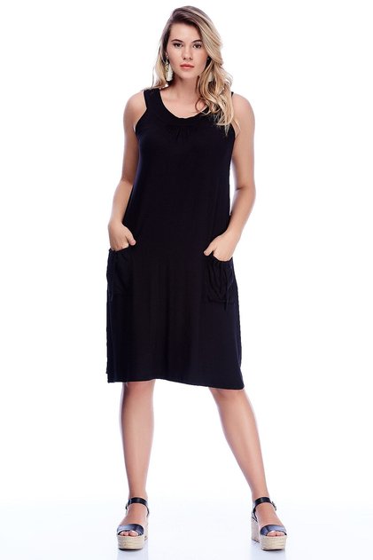 Women's Large Size Black Viscose Pocket Comfortable Cut Dress 65n24217