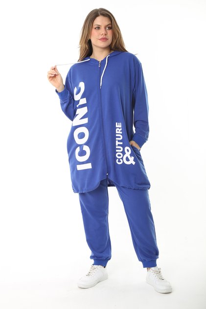 Women's Large Size Cobalt Blue Print and Zipper Detailed Hooded Sweatshirt Trousers Set 65N37128
