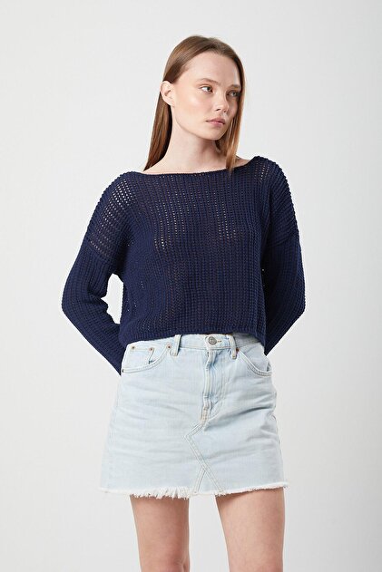 6864 Women's Openwork Mesh Seasonal Sweater Navy Blue